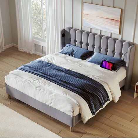 lit adulte 140x200 USB C tête panneau gris matelassé OKMYHOME (1/5)