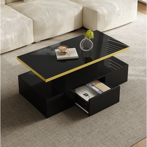 Tavolino da salotto in truciolato nero lucido 100 cm con 2 ripiani e cassetto (1/5)