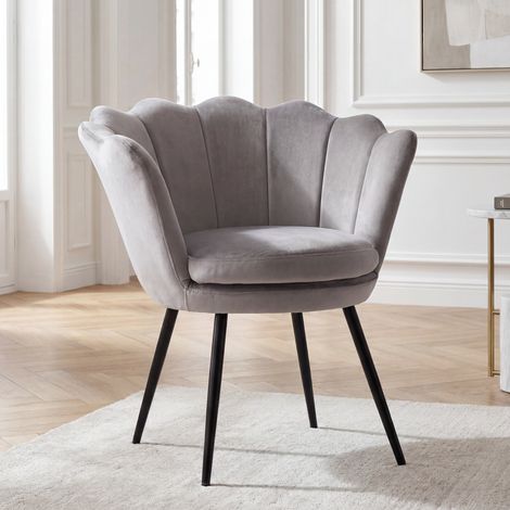 Wahson Freizeitsessel Samt-Bezug, Muschel-Sessel eleganten schwarzen Metallbeinen für Schlafzimmer und Wohnzimmer，Grau