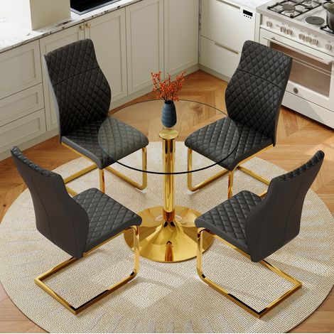 Ensemble table ronde et 4 chaises de salle a manger en verre trempe 85 cm noir et or (1/5)