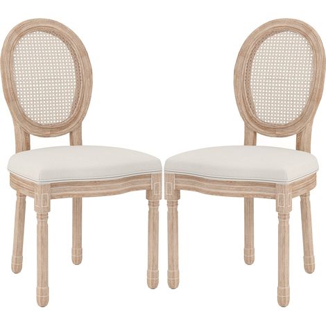 Juego De 2 Sillas De Comedor Con Respaldo, Aspecto Lino Y Ratán, Patas De Madera, Blanco Crema