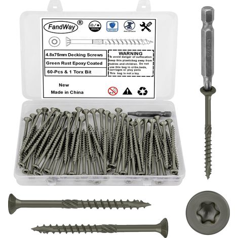 60 Pièces Vis à Bois Torx pour Panneaux D'aggloméré 4,8x75mm Vis à Tête Fraisée,Vis Autotaraudeuses Torx Universelles Pour Construction de Toiture,Terrasse Avec 1 T25 Bits.Vert époxy. (1/5)
