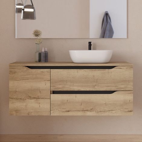 Meuble de salle de bain 120cm avec plateau et vasque à poser déportée à droite Zeus - sans miroir - 2 tiroirs et un placard - madera miel (bois clair) - ZARZA