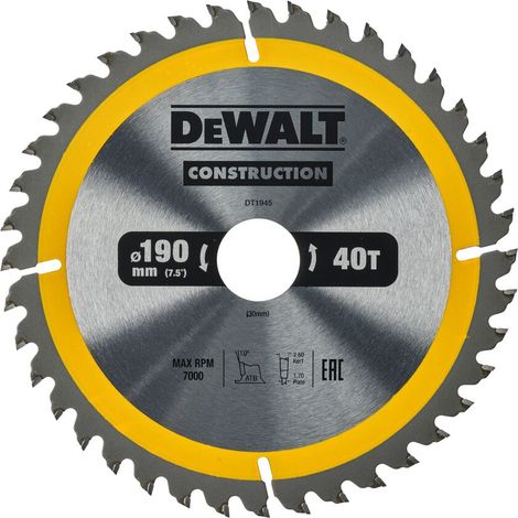 Dewalt DT1945-QZ Circular Saw Blade Portable General Purpose 190mm x 30mm x 40T (1/3)