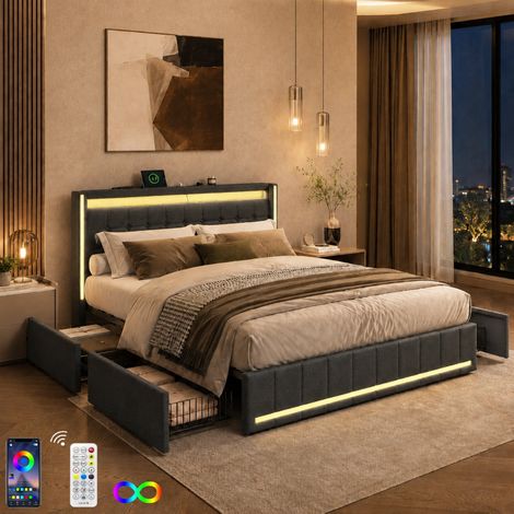 Lit adulte 140x200 cm avec 4 tiroirs, Lit double avec sommier, Tête de lit avec lumières LED réglables et chargement USB, Tissu en lin, Gris foncé (1/5)