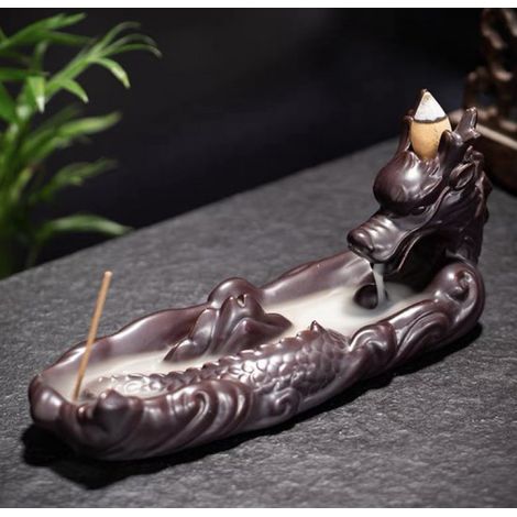 Brûleur d'encens Feng Shui Dragon à reflux, en céramique brune, motif cascade. 20 x 8,5 x 6 cm (1/3)