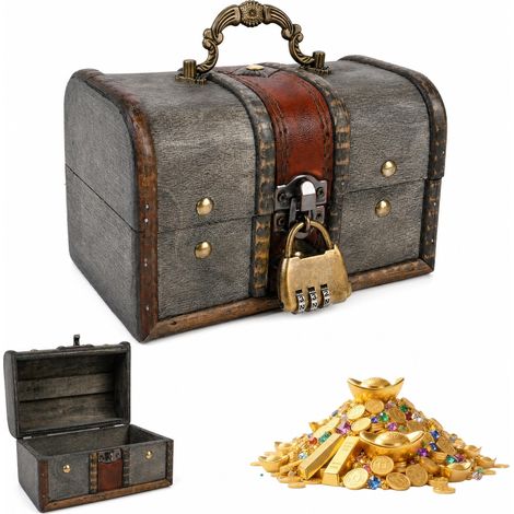Coffre Trésor Vintage Mini en Bois avec Serrure à Combinaison – Petit Coffre de Pirate – Boîte à Bijoux, Tirelire Idéale pour Conservation et Décoration, 16x12x9.5cm (Gris) (1/5)
