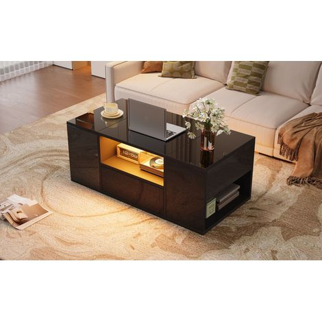 Table basse noire en bois composite avec tiroir, 2 placards, 6 rangements et LED USB pour salon, séjour et réception (1/5)