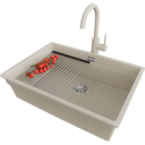 PRIMAGRAN Evier Cuisine en Granit 66x47cm, Lavabo 1 bac + Robinet 32x20cm + Kit de Vidage + Accessoire, Évier à Encastrer au meuble 70cm - Prague Slim, Beige (1/5)