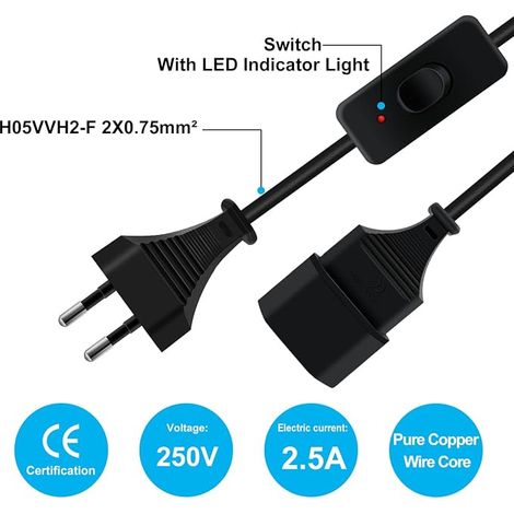 Extension Cord Switch Extension Cable Switch Power Cable Indoor Use PC TV Monitor Black 1 m (1/4)