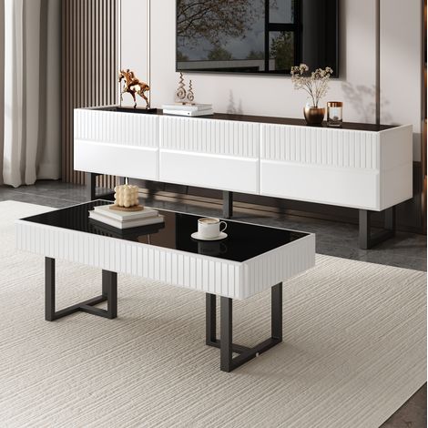 TV-Möbel und Couchtisch in Schwarz und Weiß, MDF und PB, 3 Kartons HAVRYA (1/5)