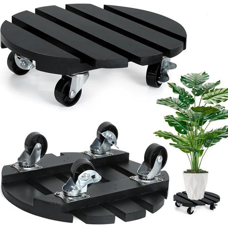 Lot de 2 supports de plantes à roulettes à 360° avec roues verrouillables - Support de pot de fleurs en bois robuste pour intérieur ou extérieur (1/4)