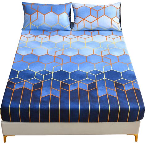 Drap-housse 160x200 cm microfibre bleu motif géométrique (1/5)