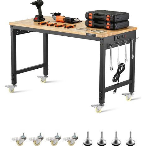VEVOR Banco da Lavoro Regolabile 1219 mm, Tavolo per Lavoro Carico max. 907 kg Presa di Corrente, Ruote e Pannello Forato, Piano in Legno di Quercia per Garage, Officina, Ufficio e Casa (1/5)