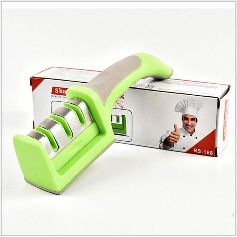 One-piece 3-stage manual knife sharpener, 3-in-1 kitchen knife sharpener, removable knife sharpener, knife sharpener with non-slip base (green) (1/5)