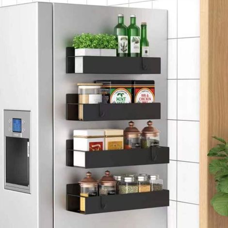 Black metal magnetic spice racks, 8.52 x 77.5 cm (2 pieces) and 9.52 x 9.57.5 cm (2 pieces), suitable for refrigerators and ovens. (1/5)