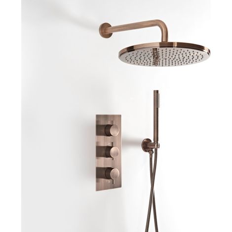 Milano Amara 2 Outlet Triple Thermostatic Mixer Shower Valve with Wall Mounted 300mm Round Rainfall Shower Head and Hand Shower Handset Kit - Aged Bronze (1/5)