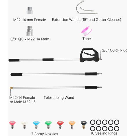 VEVOR 9 FT Pressure Washer Telescoping Wand, 3-Section with Power Washer Extension Wands, 7 Nozzles, Hose Adapter, Support Belt, Storage Bag, 4000 PSI Telescopic Gutter Cleaner for High Cleaning (1/4)