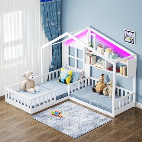 Lit cabane 90x200 + 140x70cm - Lit au Sol avec Fenêtre, Étagères, LED et Barrières de Sécurité - Bois Massif Blanc (1/5)