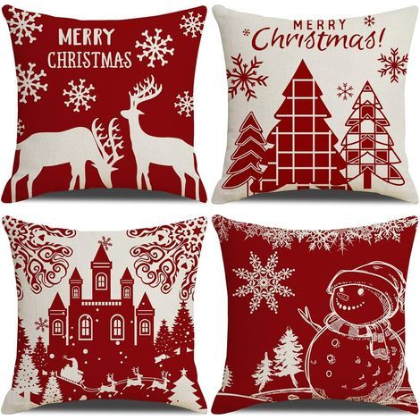 Housse de Coussin Noel 45x45cm, Lot de 4 Noël Décoratif Canapé en Coton et Lin Noël pour Canapé Lit Chambre Chaise Jardin-Décoration Noël Rouge (1/5)