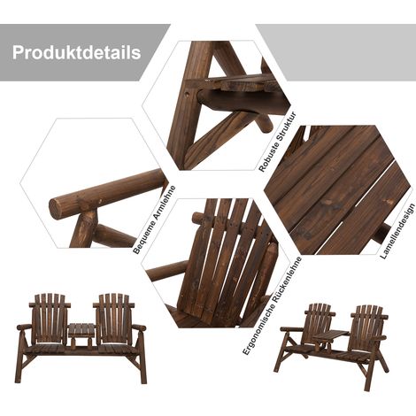 Lot de jardin table et 2 chaises, banc en bois massif couleur marron, 157 x 88 x 103 cm, ensemble assise extérieur. (1/4)