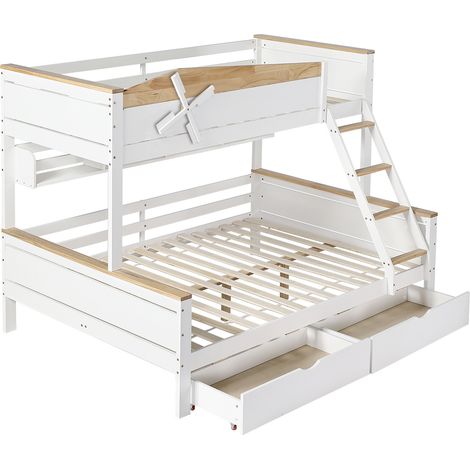 Letto a castello per bambini con mulino, mensole e cassetti, bianco naturale 90x200/140x200 (1/5)