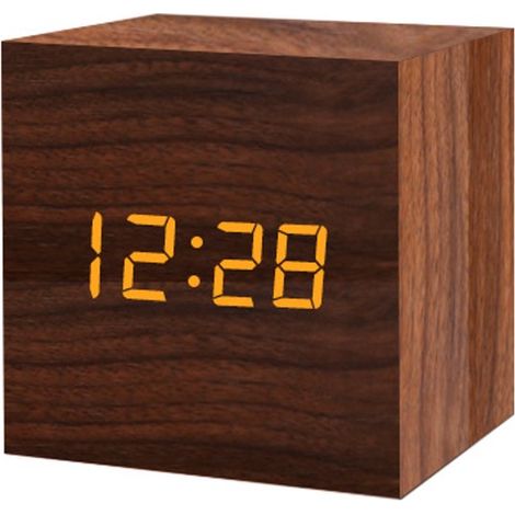 Horloge imitation bois - Horloge numérique - Réveil - Horloge électronique LED - Réveil de bureau - Réveil à commande vocale - Horloge - Horloge sur pied - Horloge de température - Marron - Bois marro (1/5)