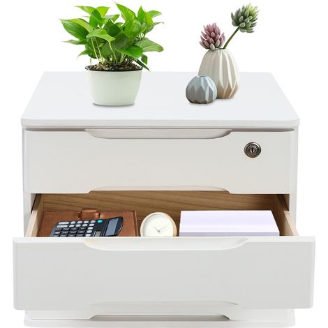 Boîte de rangement en bois à 3 étages avec tiroirs verrouillables, organiseur de bureau avec 4 patins antidérapants, blanc (1/5)