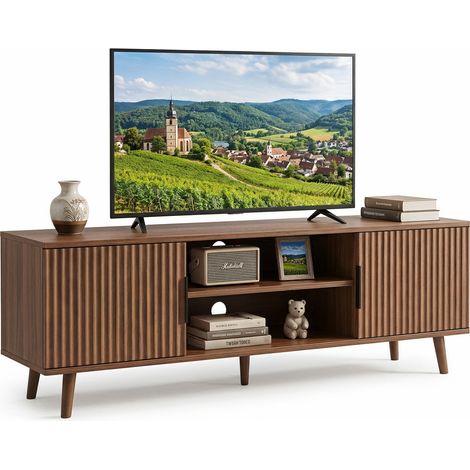Mueble TV de 138 cm con 2 armarios, balda central y gestión de cables, diseño mid-century con puertas acanaladas en madera oscura y patas de metal CHICFURN (1/5)
