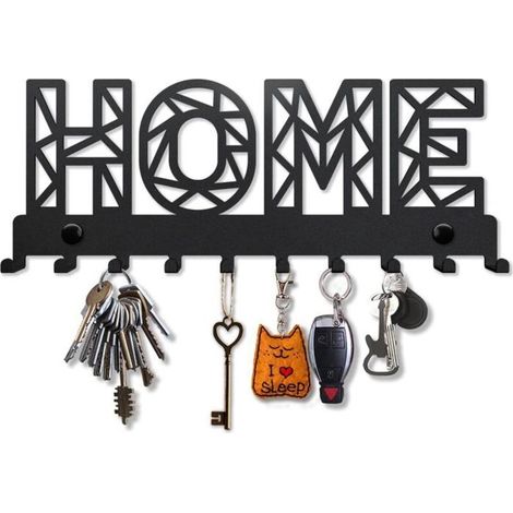Porte-clés mural métal HOME, 8 crochets, design Home Sweet Home, support clés décoratif noir pour entrée cuisine (1/4)