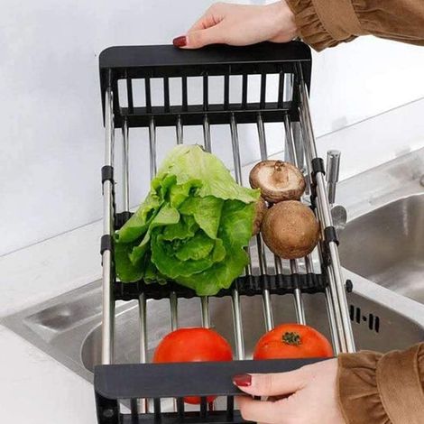 Panier de Vidange Télescopique En Acier Inoxydable, Évier Égouttoir à Vaisselle Réglable Évier Cuisine Organisateur d'Évier pour Fruits à Légumes (Noir,Gros) (1/5)
