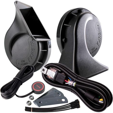 Klaxon de Voiture 12V Klaxon électrique étanche, Moto Double Ton Corne D'escargot Kit Relais avec Faisceau de Câble Bouton Universal pour Toute Véhicules (Black avec Harnais de câbles Bouton) (1/5)