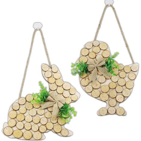 2 decorazioni pasquali in legno da appendere alla porta: coniglietto e pulcino, decorazione per tronco d'albero. (1/5)