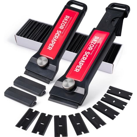 Lot de 2 grattoirs en plastique avec 100 lames de rechange pour résidus de colle