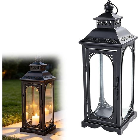 Lanterne noire pour décoration de bougies, 35 cm, lanternes en métal pour décoration de bougies, lanterne funéraire extérieure, lanterne décorative en métal, bougie de cimetière, bougie résistante aux (1/5)