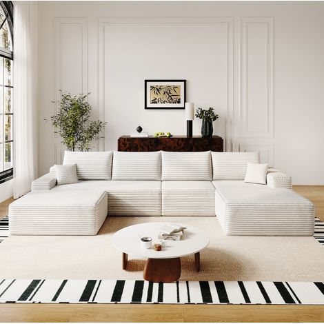 Divano modulare angolare, chaise longue a L, seduta confortevole in schiuma elastica, senza attrezzi, tessuto bianco (1/5)