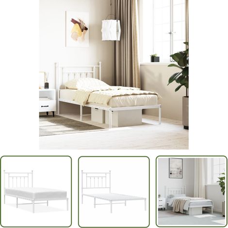 The Living Store Cadre de lit métal sans matelas avec tête de lit blanc 90x190cm - Cadre De Lit - Lit Simple - Lit Metal - Lit Blanc - Tête De Lit (1/5)