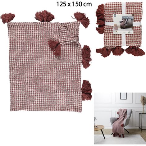 Plaid - HOME DECO FACTORY - Gaufre à Pompons - Rouge et Blanc (1/4)