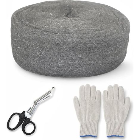 Paille de Fer 20M, Laine d'acier 0000, Grille Anti Rongeur 0000 avec Gants Ciseaux, Laine d'Acier Extra Fine Convient pour Boucher les Trous, Nettoyage Polissage Entretien et Finition du Bois, Verre (1/5)