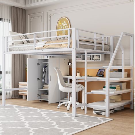 Lit mezzanine 140/200 cm blanc en métal avec bureau, armoire et rangements (1/5)