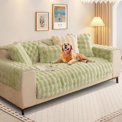 Thick L-Shaped Sofa Cover for 1/2/3/4 Seater Sofas, Protective Sofa Cover, Universal Non-Slip Faux Fur Sofa Cover for Living Room (Green Plush, 45 x 45 cm) (1/5)