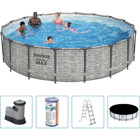 Piscine Bestway Steel Pro MAX - 549 x 122 cm - Imprimé pierre - Ronde - Avec pompe de filtration + accessoires (1/5)