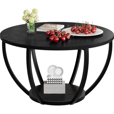 Table basse ronde, tables basses rondes en bois à deux niveaux avec étagères de rangement, tables basses pour le salon, table de canapé pour le bureau à domicile, noir (1/5)