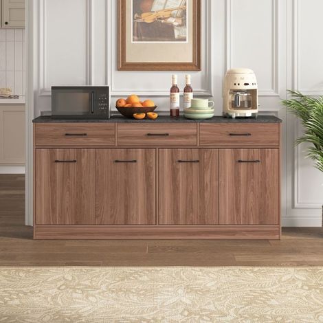 Buffet de Cuisine 76 x 160 x 37 cm 3 tiroirs étagères réglables plan de travail effet béton aspect noyer meuble buffet (1/5)
