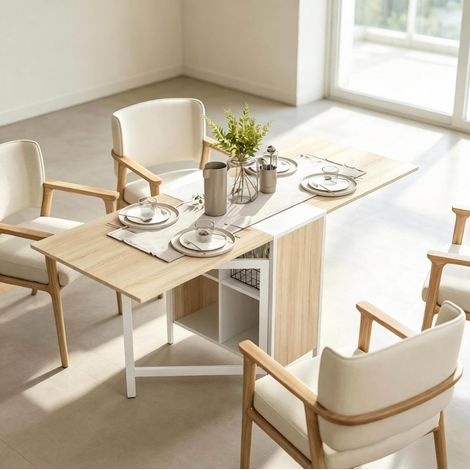 Table à manger pliante extensible avec 4 niches de rangement 169x60x75 cm MDF acier blanc chêne clair (1/5)
