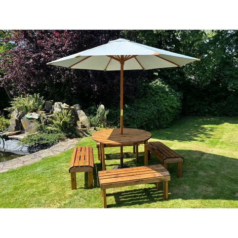 Knights Eight Seater Garden Furniture Round Table Set - L230 x W230 x H80 cm - Grey Parasol Included - Fully Assembled