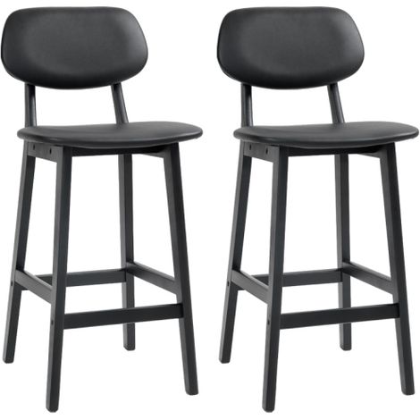 Set of 2 Classic Black Wooden Bar Stools with Comfortable Faux Leather Seats for Kitchen or Home Bar