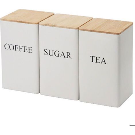 Bocal Hermétique - 15 x 8,5 x 8,5 cm - Couvercle En Bambou - Pour Café Thé Sucre - Blanc - Lot De 3 (1/5)