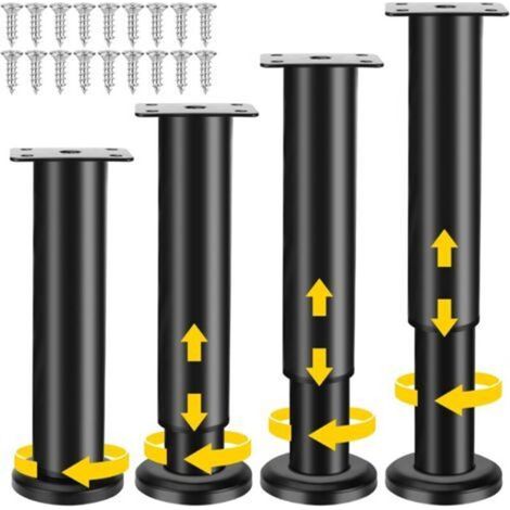 4 Pièces Pieds de Meuble, 18-30cm Pied de Meuble Reglable avec 18Pcs Vis, Metal Pieds Meuble de Salle de Bain pour Canapé Armoire Jambe Table Chaise - Noir (1/5)