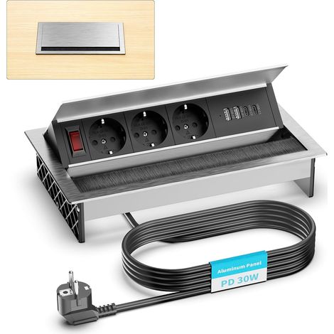 Prise encastrable en Aluminium 3 Prises avec 2 Ports USB-C PD 30W & 2 Ports USB-A – Bloc multiprise escamotable, Angle réglable pour Cuisine, Bureau & Plan de Travail, câble 1,8 m, argenté (1/5)